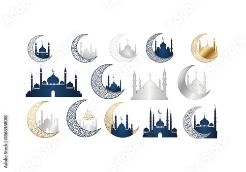 Gold and blue Islamic crescent moon with mosque collection png on transparent background