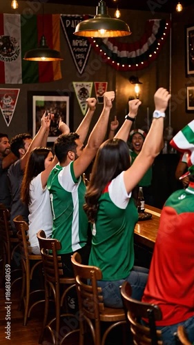 Mexican football fans cheering and celebrating while watching football match in a bar.