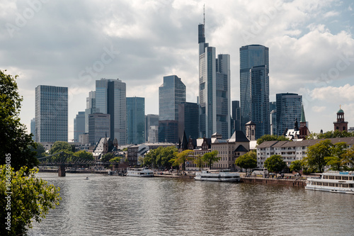 Frankfurt skyline with modern skyscrapers and traditional buildings along the Main River