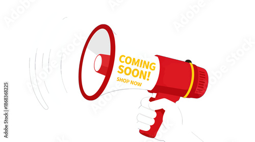 Red megaphone with coming soon sign and sound waves