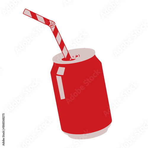 Red soda can with a striped straw.