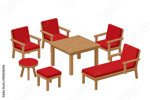 Red patio furniture set with wooden frames