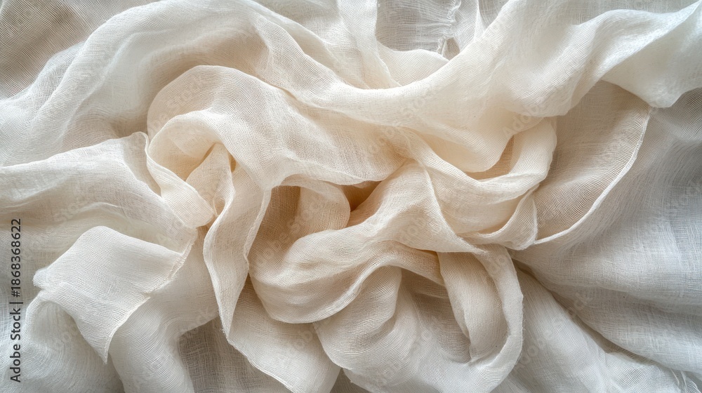 Fototapeta premium Wrinkled cream-colored fabric texture, close-up. Possible use textile, fashion, design inspiration