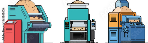 Machines for Dough Processing in a Bakery: Three industrial kneaders with dough on top and clean lines on a transparent background emphasizing food preparation technology