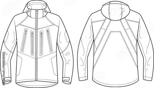 Technical Flat Sketch of Men's Performance Hooded Jacket with Multiple Zips, Front and Back View, Vector Apparel Design Template.