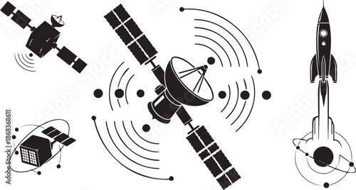 Space Technology Icons Set with Satellite and Rocket
