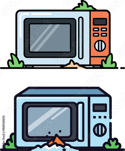 Microwave in nature's embrace, covered in grass and dirt, illustrating environmental impact and clutter, isolated on a transparent background, and showing the contrast of technology and ecology.