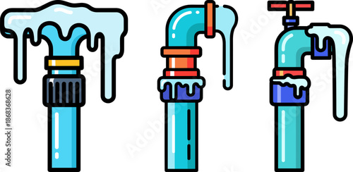 Frozen water pipes with dripping ice, displaying colorful plumbing fixtures in cartoon style on a transparent background, highlighting winter maintenance challenges.