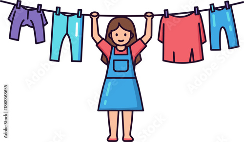Girl hanging laundry on a line outdoors, wearing a blue apron, with colorful clothes, cheerful expression, bright colors, isolated on a transparent background.