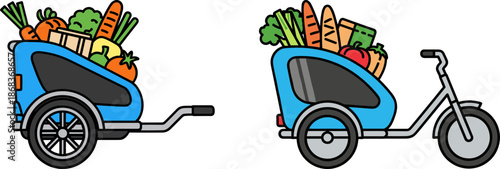 Food delivery bicycle cart filled with fresh vegetables and fruits, parked in a city setting, showcasing sustainability, lifestyle, and ecology, on a transparent background