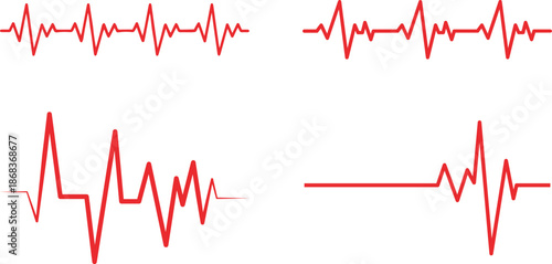 Heart Rhythm Icon set. Electrocardiogram, ECG - EKG signal, Heart Beat pulse line concept design element. Heartbeat line, pulse, cardiogram, medical health care, heart rhythm, red outline vector.