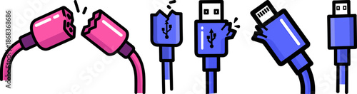 Broken and Damaged USB Cables on a Transparent Background, Colorful Illustration Showing Various USB Types and Connections with Detail and Vivid Colors
