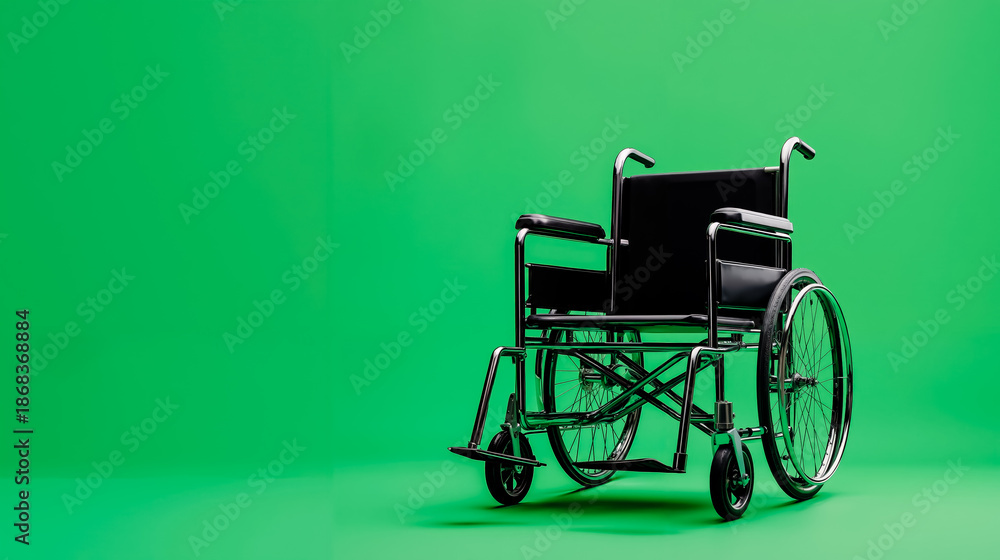 Fototapeta premium A black wheelchair with silver handles and wheels against a green background