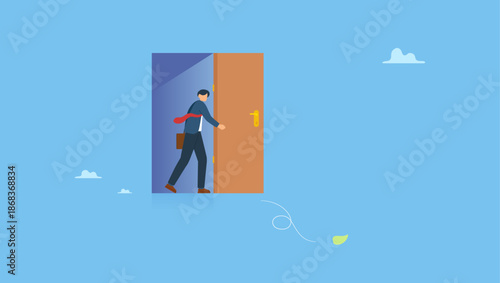 Businessman open the door and found dead end and fear to fall from height. Business dead end, mistake or problem, obstacle or difficulty in work, hopelessness career path or challenge.