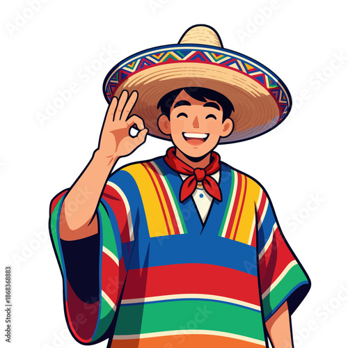 Smiling man in poncho and sombrero giving OK sign