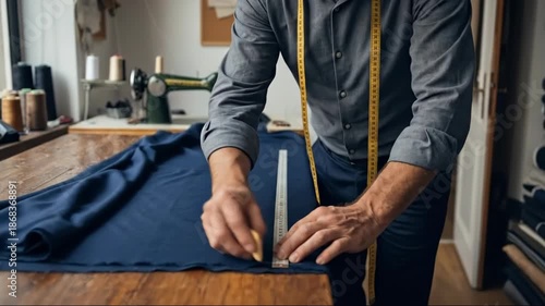 Tailor measuring and cutting fabric with precision in artisan workshop