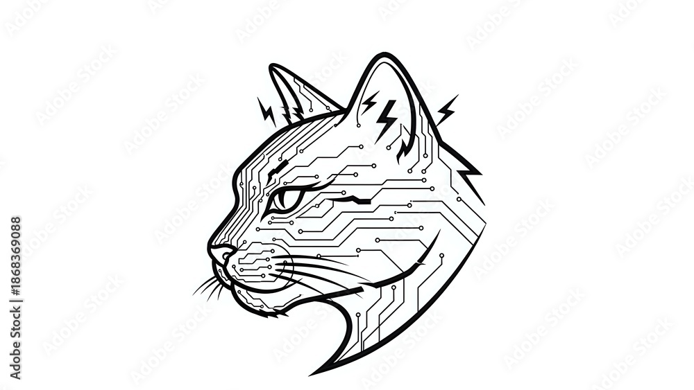 Obraz premium Wild cat head profile with open mouth showing fangs in black line art style on white background isolated for logo design and tattoo artwork.