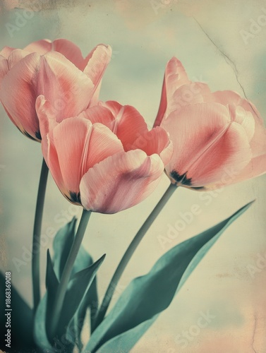 Vintage floral elegance: A trio of pink tulips in soft-focus with textured background