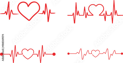 Heart Rhythm Icon set. Electrocardiogram, ECG - EKG signal, Heart Beat pulse line concept design element. Heartbeat line, pulse, cardiogram, medical health care, heart rhythm, red outline vector.