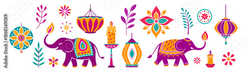 Diwali element set in trendy geometric style with diya lamp, mandala, lanterns, fireworks and elephant. Indian festival of lights. Vector template for greeting card, poster, banner, holiday decor