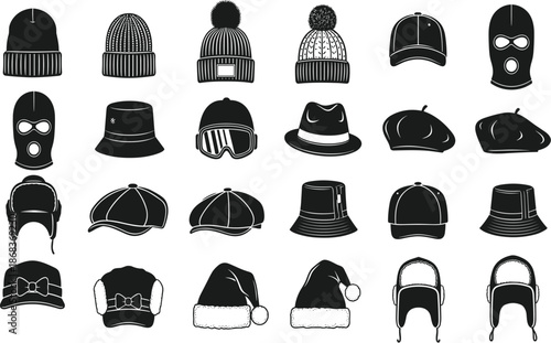 Hat silhouette, headwear vector, black icon, fashion accessory, winter cap, bucket hat, beanie, graphic, illustration, clothing, style, designHat silhouette, headwear vector, black icon