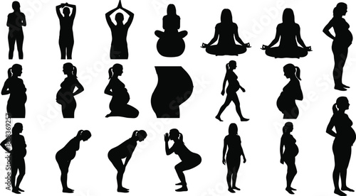 Pregnant woman silhouette, maternity pose, black vector, prenatal yoga, belly icon, graphic, illustration, motherhood, exercise, health, pregnancyPregnant woman silhouette, maternity pose