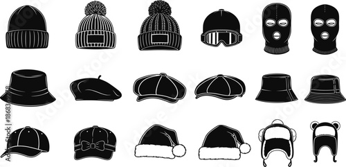 Hat silhouette, headwear vector, black icon, fashion accessory, winter cap, bucket hat, graphic, illustration, style, clothing, designHat silhouette, headwear vector, black icon, fashion accessory