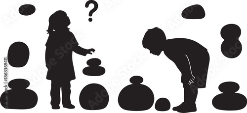 Silhouette of children playing with stones and question mark