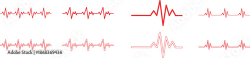 Heart Rhythm Icon set. Electrocardiogram, ECG - EKG signal, Heart Beat pulse line concept design element. Heartbeat line, pulse, cardiogram, medical health care, heart rhythm, red outline vector.