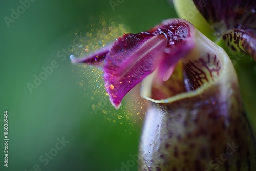 Exotic dark purple flower petal shows a scattering of golden pollen.