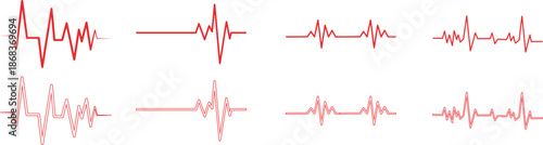 Heart Rhythm Icon set. Electrocardiogram, ECG - EKG signal, Heart Beat pulse line concept design element. Heartbeat line, pulse, cardiogram, medical health care, heart rhythm, red outline vector.