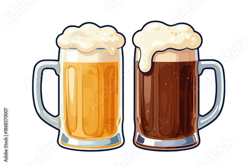 Two frothy beer mugs in light and dark styles
