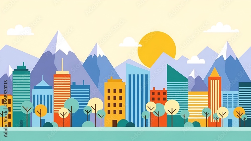 Fototapeta premium Abstract Urban Landscape with Mountains and Sun, Flat Design Vector Illustration