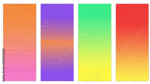 Vibrant gradient panels in orange, blue, green, and red