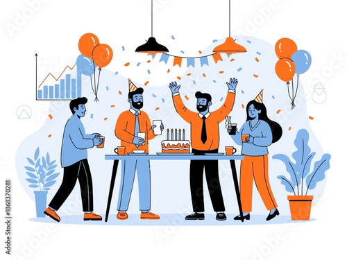 Group of people celebrating with cake and balloons in colorful illustration