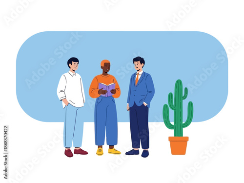 Three people standing next to a cactus plant on a blue background