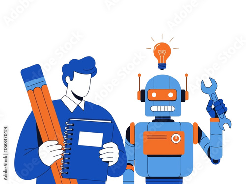 A man and a robot with a lightbulb and tools on a colorful background