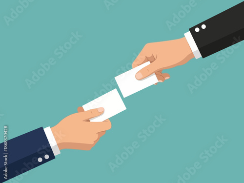 Two businessmen exchanging a piece of paper on a colored background