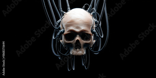 A Human skull with technology intertwined, hinting at artificial intelligence, digital transformation, and the future. A thought-provoking visual blending humanity and technology