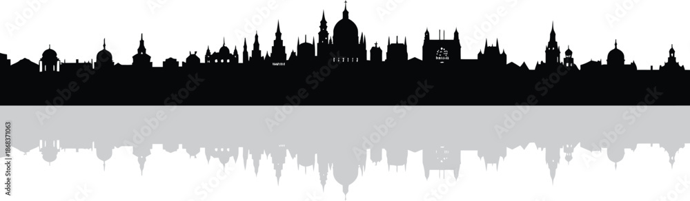 Fototapeta premium Urban cityscape silhouette featuring skyscrapers and spires