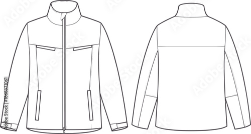 Technical Vector Illustration of Blank Zip Up Panel Track Jacket Flat Sketch Template Front and Back View for Apparel Design