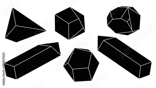 Diverse 3D geometric shapes collection featuring various polyhedra and prisms for design and
