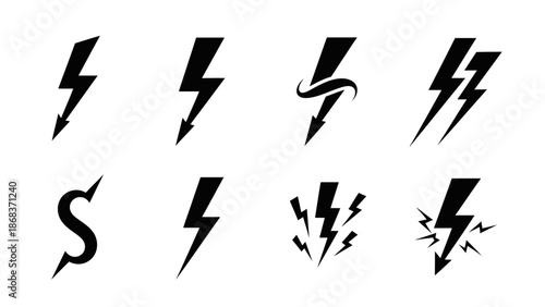 Collection of Various Lightning Bolt and Thunderbolt Symbols in Black Silhouette Style for Design