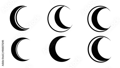 Minimalist Black and White Crescent Moon Symbols in Various Styles for Artistic or Design Use