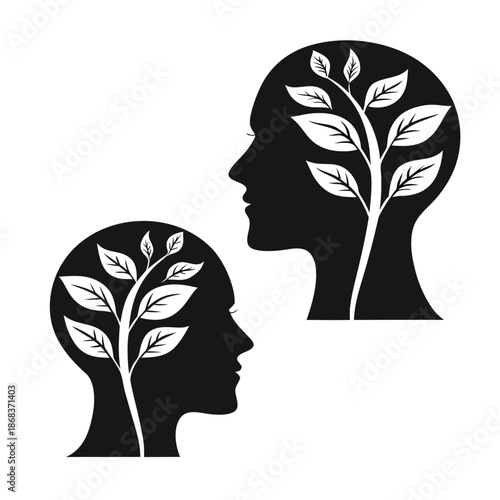 Human Mind Growth and Mental Health Wellness Concept with Plant Growing in Brain Personal Development and Psychology Illustration of Leaves Sprouting from Human Silhouette.