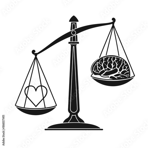 Balance Between Heart and Brain on Scales Illustration for Logic and Emotion Concept Decision Making Symbolism with Human Brain and Love Heart Balancing on Weighing Scale.