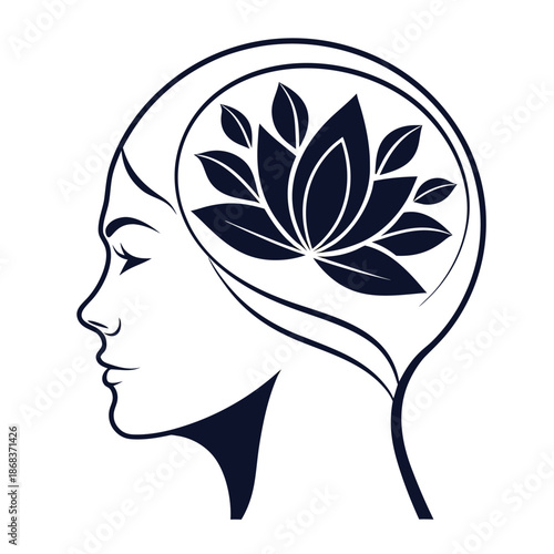 Mental Health and Wellness Concept with Woman Profile and Lotus Flower in Brain Mindfulness and Inner Peace Illustration of Female Head with Blooming Lotus Symbol.