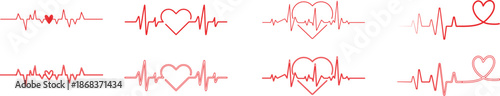 Heart Rhythm Icon set. Electrocardiogram, ECG - EKG signal, Heart Beat pulse line concept design element. Heartbeat line, pulse, cardiogram, medical health care, heart rhythm, red outline vector.