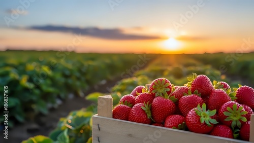 Fresh ripe strawberries in wooden basket at sunset over agricultural field. Organic berry harvest concept for healthy eating and farm produce marketing.