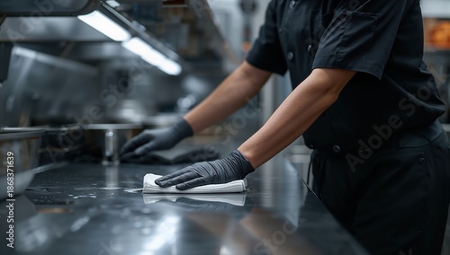 Close view of gloved hands cleaning steel countertop in food preparation area sanitation concept